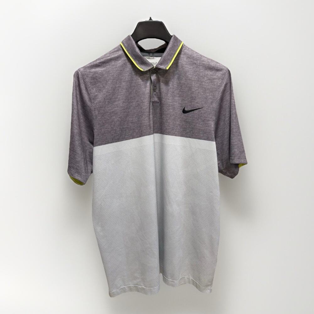 Nike Men's Two-Tone Gray and White Polo with Yellow Trim